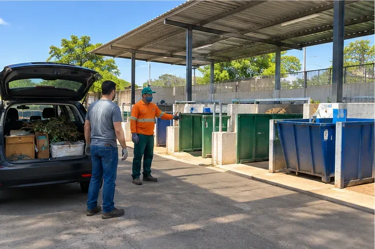 Motorista conversando com trabalhador em área de Ecoponto diante de caçambas e recipientes separados