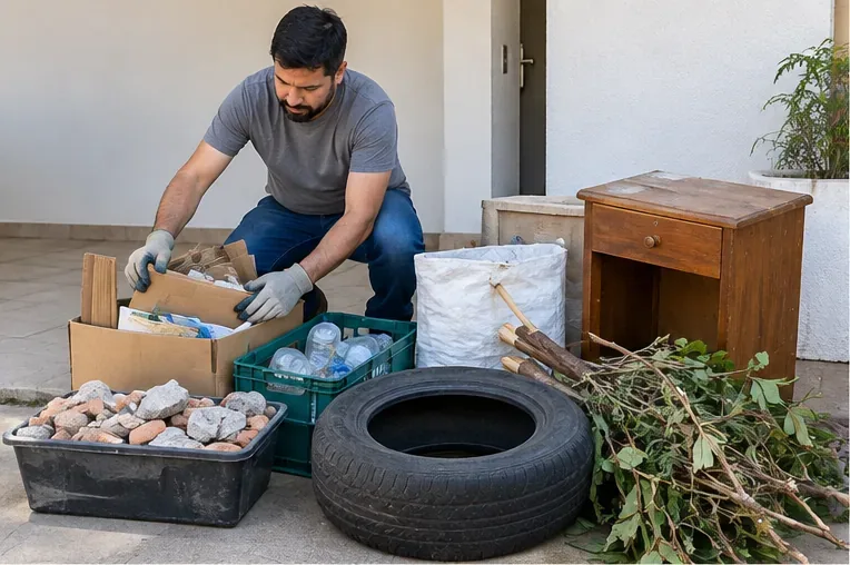 Morador separando papelão, garrafas, pneu, galhos, móvel e pequenos restos de obra antes de ir ao Ecoponto
