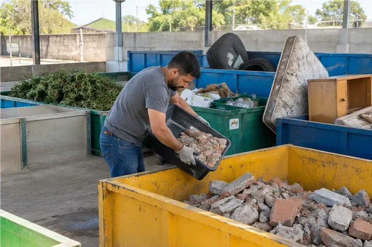 Pessoa despejando pequenos restos de obra em caçamba de entulho, com recipientes separados para pneus, podas e recicláveis ao fundo