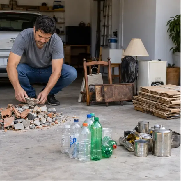 Morador separando entulho, móveis antigos, papelão, garrafas plásticas e latas em grupos diferentes na garagem
