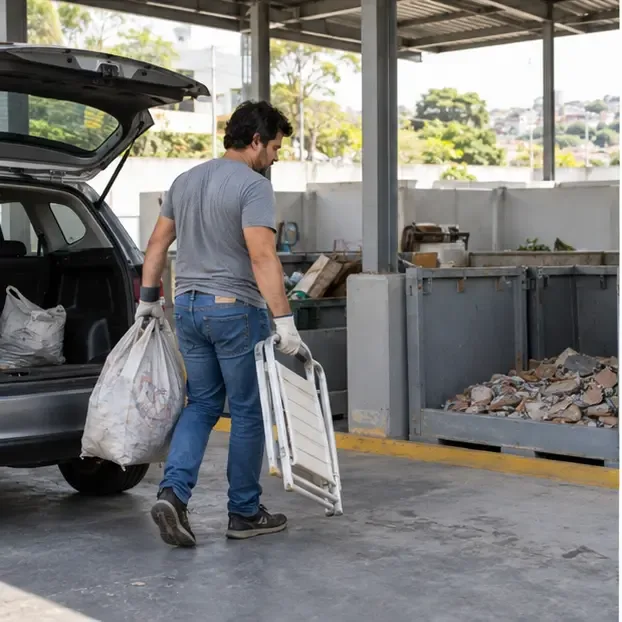 Morador retirando sacos de entulho e uma cadeira dobrável do carro para levá-los a caçambas separadas