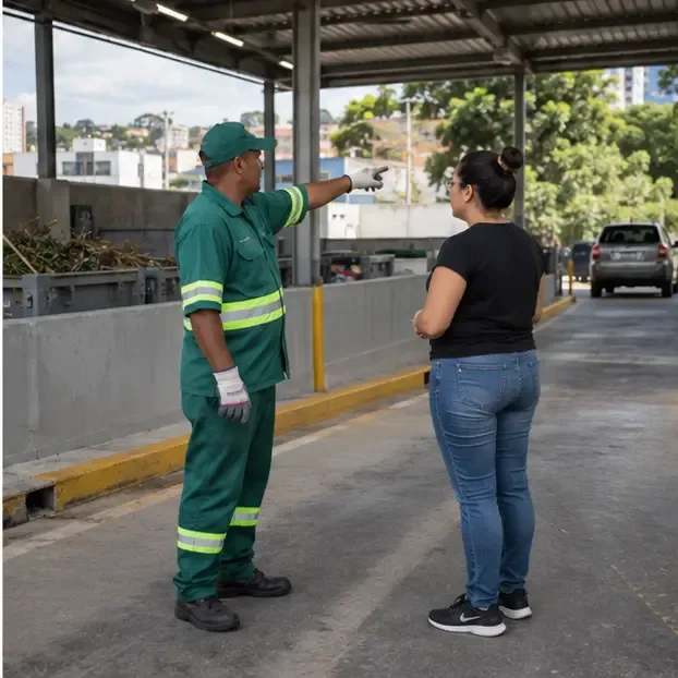 Funcionário uniformizado indicando ao morador a área correta para descarregar os materiais dentro do ecoponto