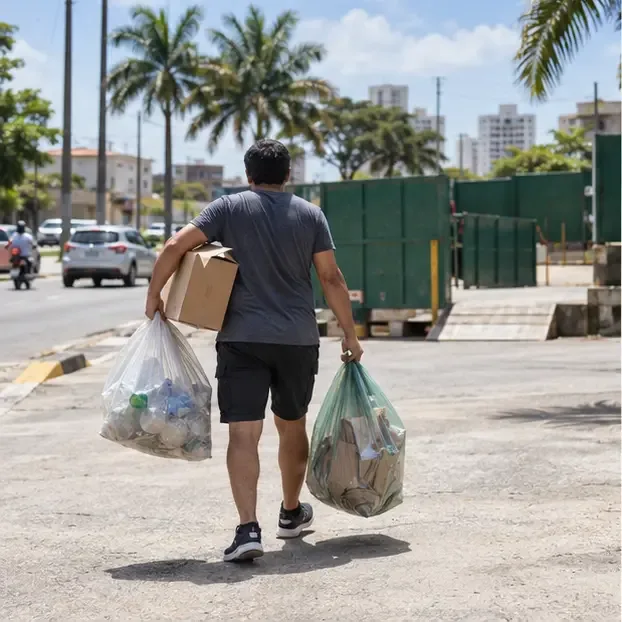 Morador leva caixas de papelão e sacos separados para um ponto municipal de entrega em uma rua arborizada