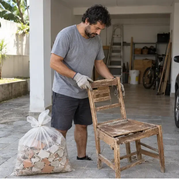Morador separa uma cadeira de madeira quebrada de um saco com pequenos restos de reforma