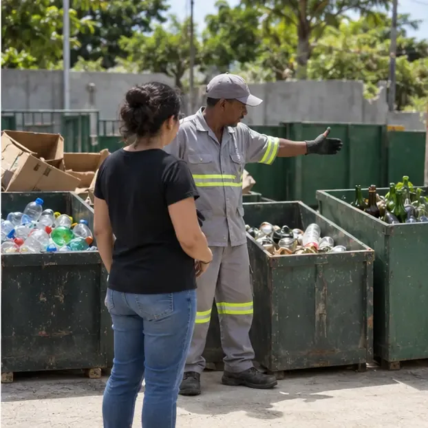 Agente de limpeza orienta uma moradora diante de contêineres separados para materiais recicláveis