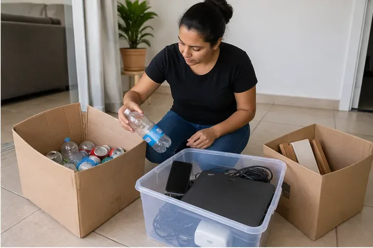 Pessoa separando garrafas, latas, papelão e equipamentos eletrônicos em recipientes distintos dentro de casa.