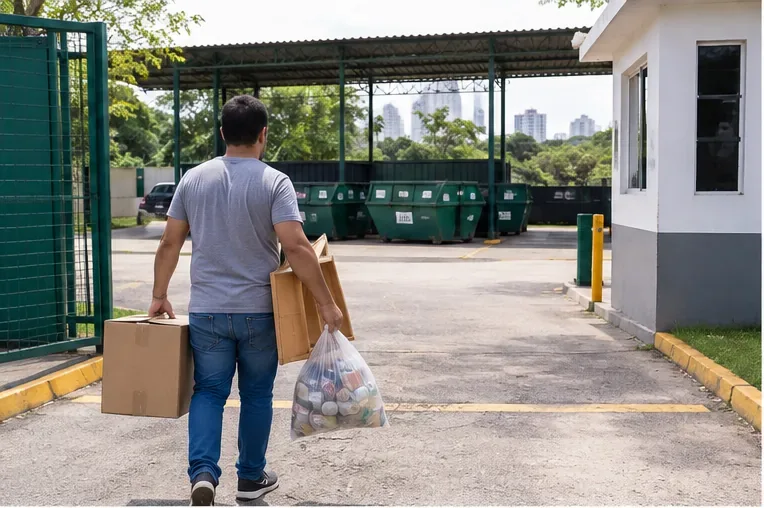 Morador chegando a um ponto de entrega com caixas de papelão e materiais recicláveis separados.