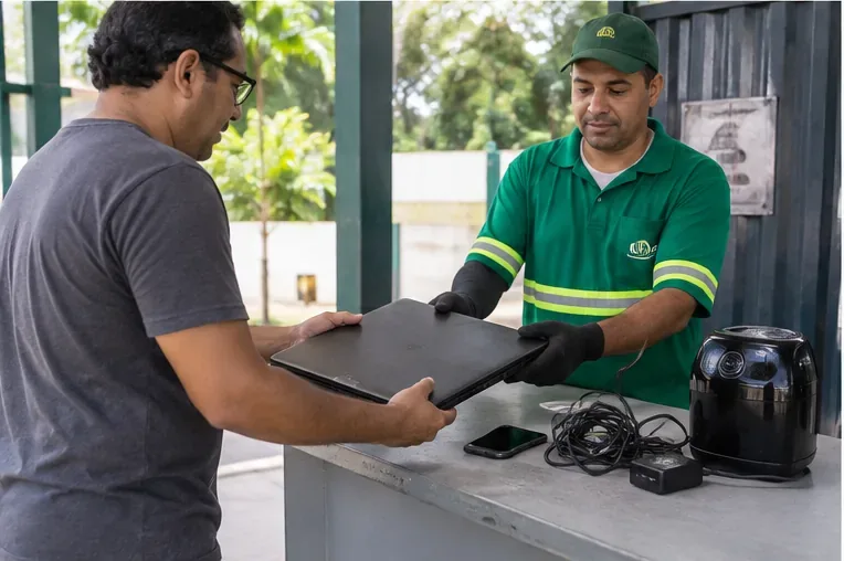 Morador entregando um notebook usado a um trabalhador em um ponto de recebimento de eletrônicos.