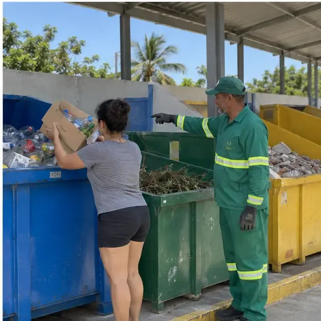 Moradora deposita uma caixa com garrafas e embalagens na caçamba de recicláveis enquanto um trabalhador indica a área correta