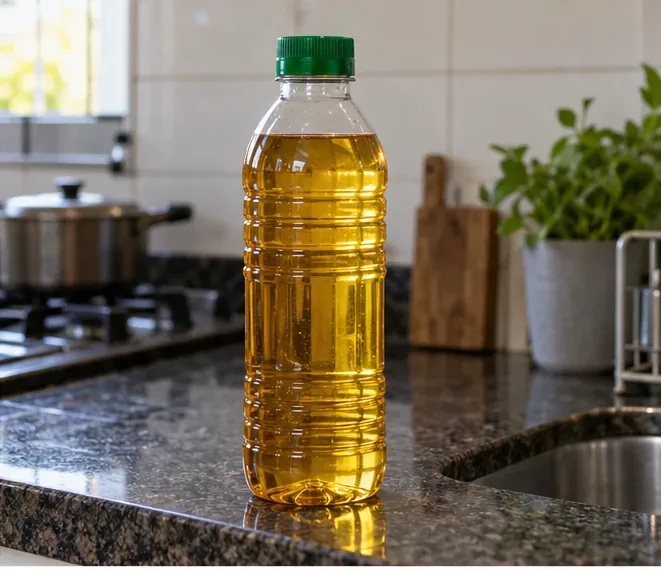 Uma garrafa plástica transparente, fechada com tampa, contém óleo de cozinha usado já frio e está em pé sobre uma bancada.