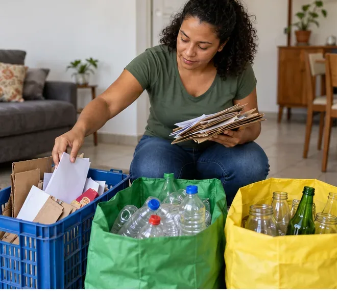 Uma pessoa separa papelão, folhas e embalagens plásticas e de vidro em recipientes diferentes dentro de casa.