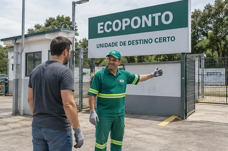 Pessoa chegando a uma Unidade de Destino Certo e recebendo orientação de um trabalhador na entrada do Ecoponto