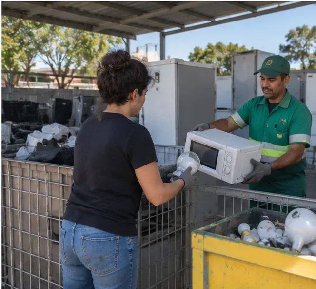 Moradora entregando um pequeno eletrodoméstico a um funcionário em área separada para eletroeletrônicos