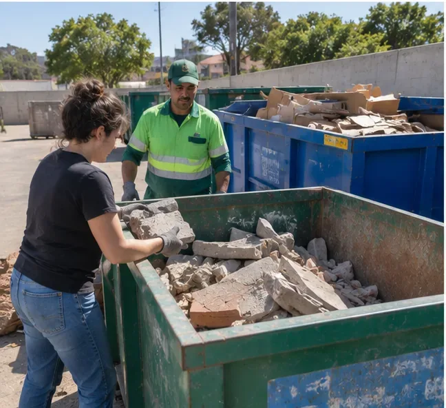Moradora depositando pedaços de concreto e tijolo em uma caçamba de resíduos da construção, com funcionário acompanhando
