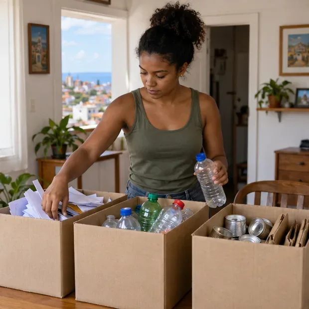 Moradora separa papel, garrafas plásticas e latas em caixas diferentes dentro de casa antes de levá-los ao Ecoponto.