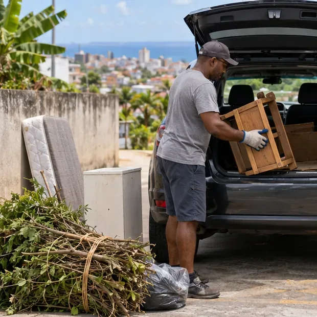 Morador organiza galhos amarrados e um móvel de madeira junto ao veículo antes de levá-los a um ponto de entrega em Salvador.