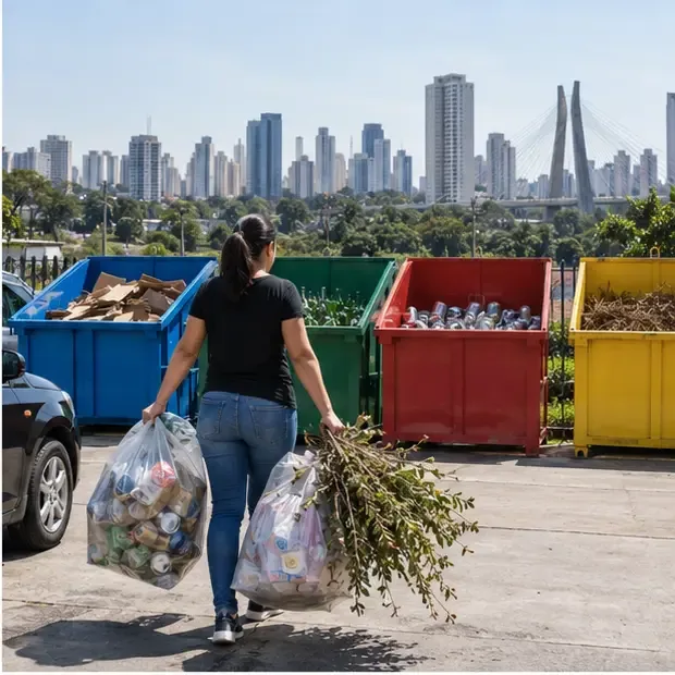 Morador levando sacos transparentes de recicláveis e resíduos de poda a um Ecoponto com caçambas separadas