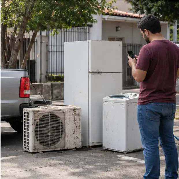 Geladeira, máquina de lavar e aparelho de ar-condicionado ao lado de um veículo de coleta