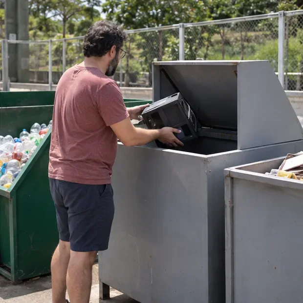 Morador deposita um aparelho eletrônico pequeno em uma caçamba cinza ao lado de um contentor com recicláveis