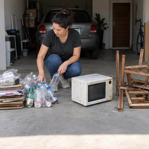 Moradora separa garrafas plásticas, papelão, um micro-ondas antigo e peças de madeira em uma garagem