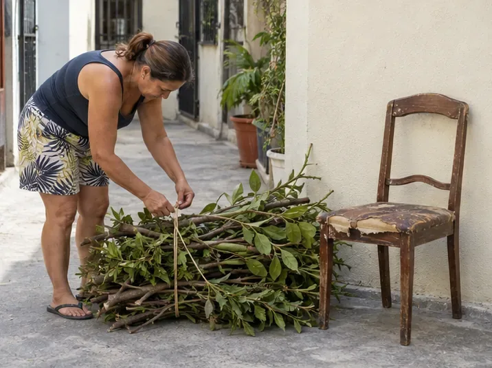 Moradora amarra galhos de poda com barbante ao lado de uma cadeira doméstica sem uso