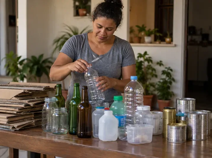 Moradora separa em casa papelão, garrafas de vidro, embalagens plásticas e latas para levar à coleta apropriada