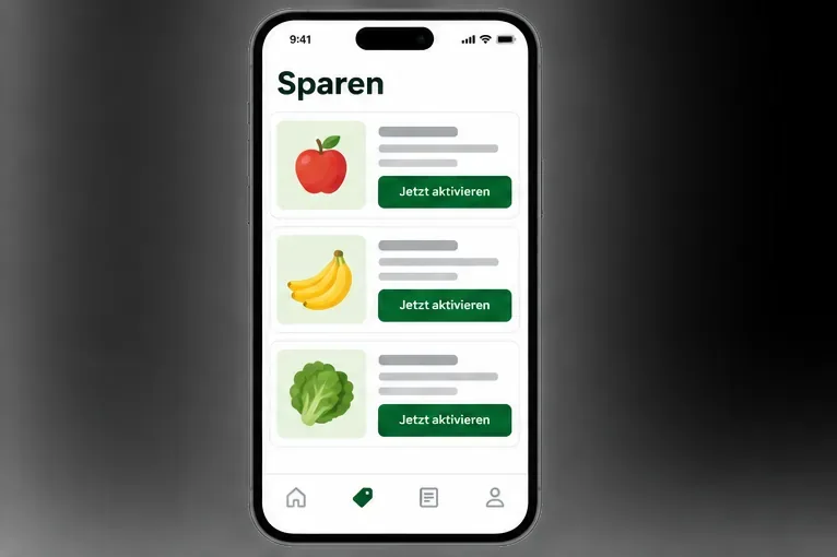 Schematische Couponübersicht mit der Überschrift „Sparen“, mehreren Angebotskarten und grünen Schaltflächen „Jetzt aktivieren“.