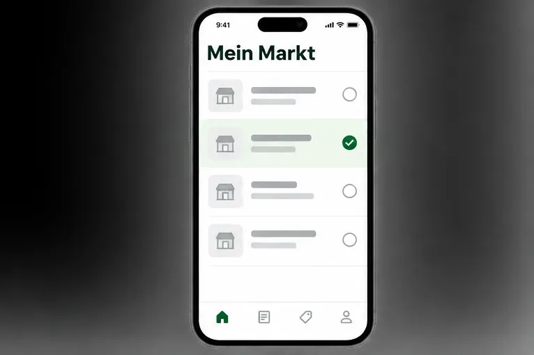 Schematische App-Ansicht mit der Überschrift „Mein Markt“ und mehreren Marktzeilen, von denen eine mit einem grünen Häkchen ausgewählt ist.