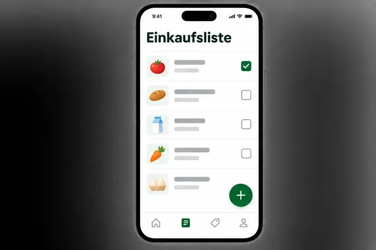 Schematische digitale Einkaufsliste mit Lebensmitteln, Kontrollkästchen und einem bereits abgehakten Eintrag.
