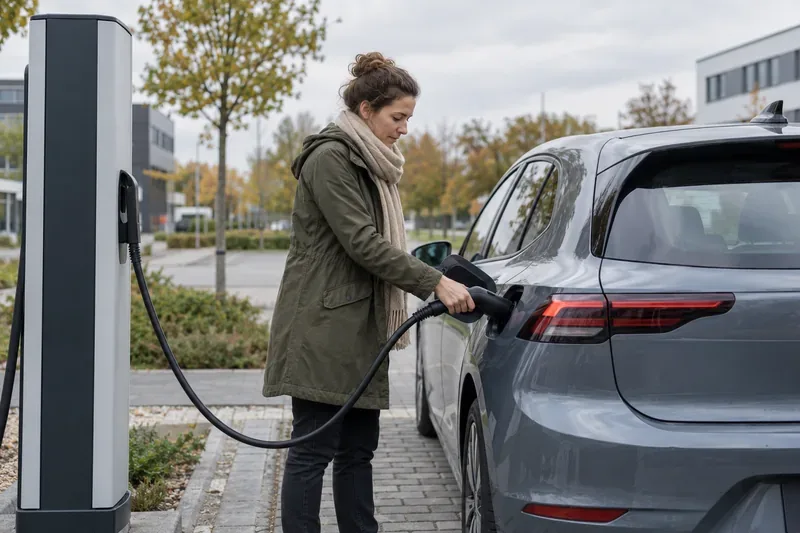 Eine Fahrerin verbindet ihr Elektroauto an einer öffentlichen Ladesäule mit dem Ladekabel.