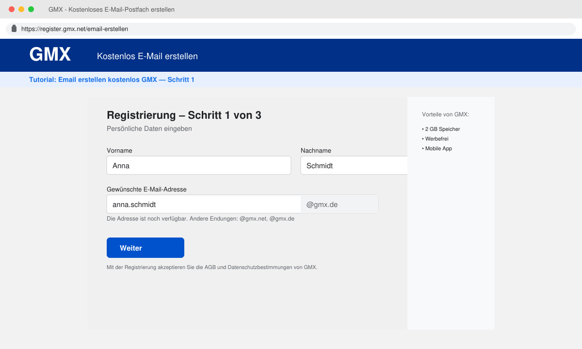 Screenshot des Registrierungsformulars mit Feldern für Vorname, Nachname und gewünschte E-Mail-Adresse