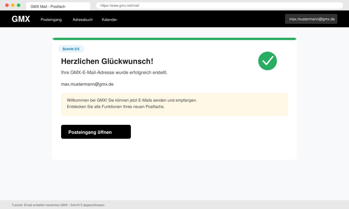 Bestätigungsseite nach erfolgreicher GMX-Registrierung mit Posteingang-Button