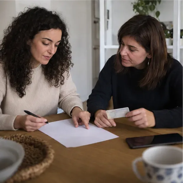 Dos mujeres revisan un papel en blanco y una tarjeta de identidad en una mesa.