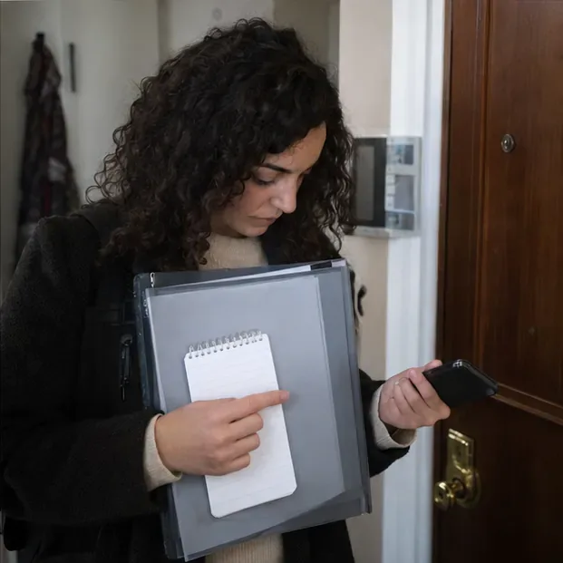 Mujer junto a la puerta de un piso, con una carpeta, una libreta y un teléfono.