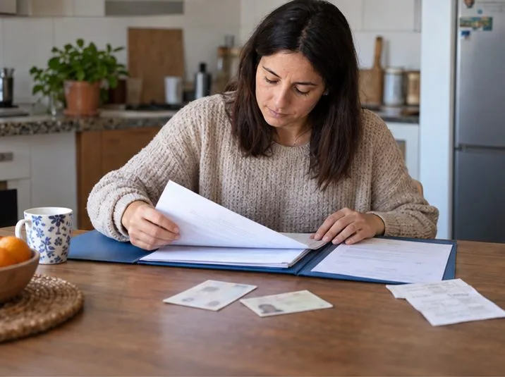 Una residente organiza documentos de identidad y papeles de vivienda en una carpeta