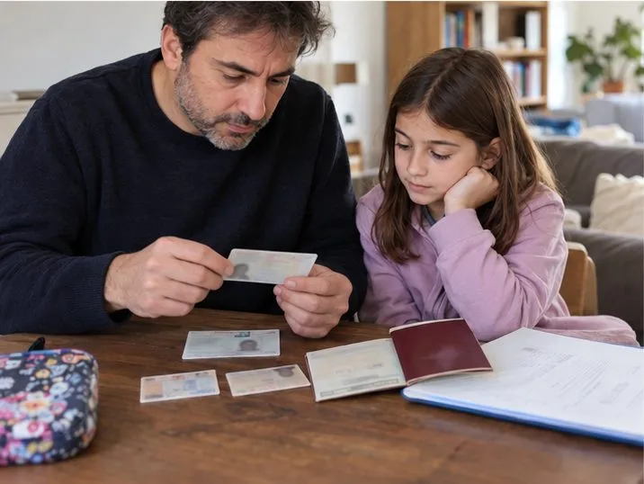 Un padre y su hija preparan documentos familiares y de identidad sobre una mesa