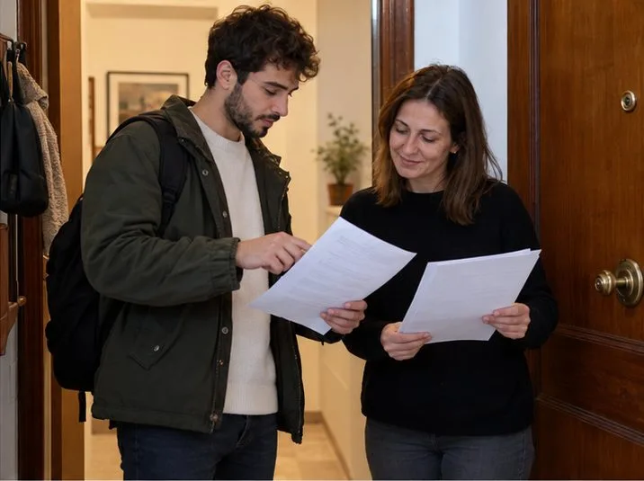 Un residente y una mujer revisan juntos documentos de alquiler junto a la entrada de una vivienda