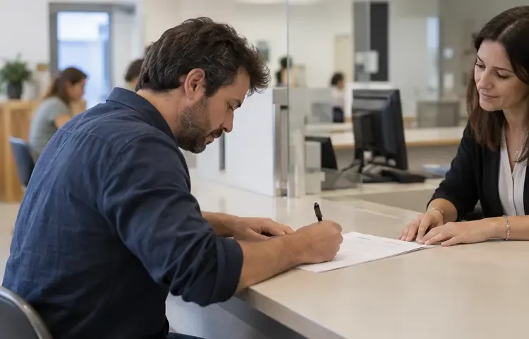 Persona firmando un formulario en un mostrador de atención ciudadana ante una empleada municipal