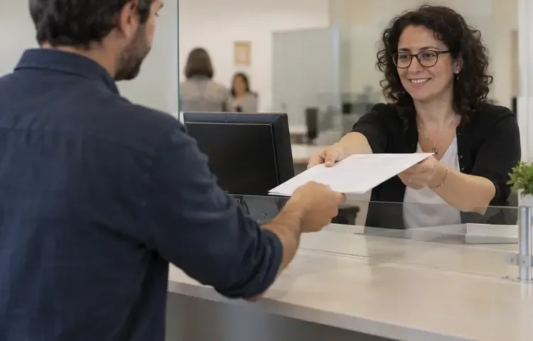 Empleado de atención ciudadana entregando un documento a una persona en un mostrador