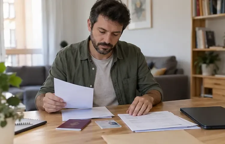 Persona adulta revisando un pasaporte, una tarjeta de identidad y varios documentos sobre una mesa
