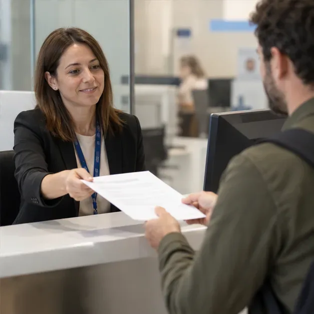 Una empleada de atención ciudadana entrega un documento a una persona en un mostrador