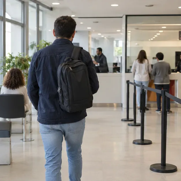 Una persona con una mochila espera en la zona de atención de una oficina municipal