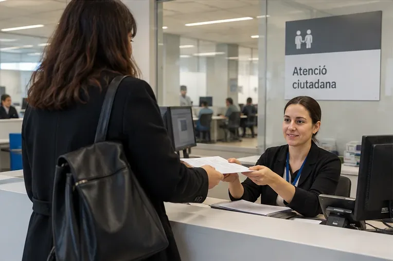 Persona entregando documentación en un mostrador de atención ciudadana para realizar un trámite presencial