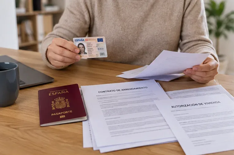 Persona revisando pasaporte, documento de identidad, contrato de alquiler y autorización de vivienda antes de empadronarse en Barcelona