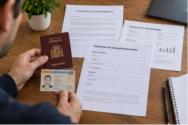 Persona revisando pasaporte, documento de identidad, contrato de alquiler, factura de electricidad y solicitud de empadronamiento sobre una mesa