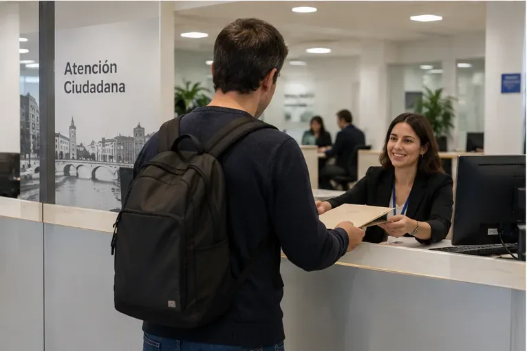 Persona entregando documentación en un mostrador de Atención Ciudadana