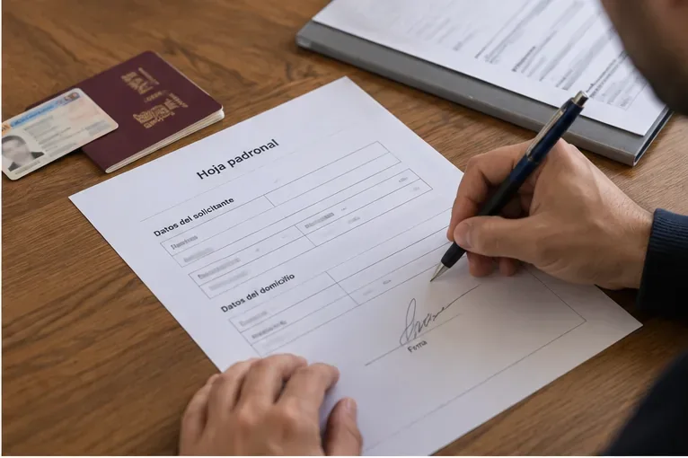 Persona firmando una hoja padronal junto a documentos de identidad y una carpeta de documentación