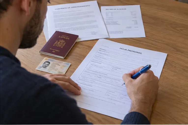 Persona cumplimentando una hoja padronal junto a su pasaporte y documentos de alquiler