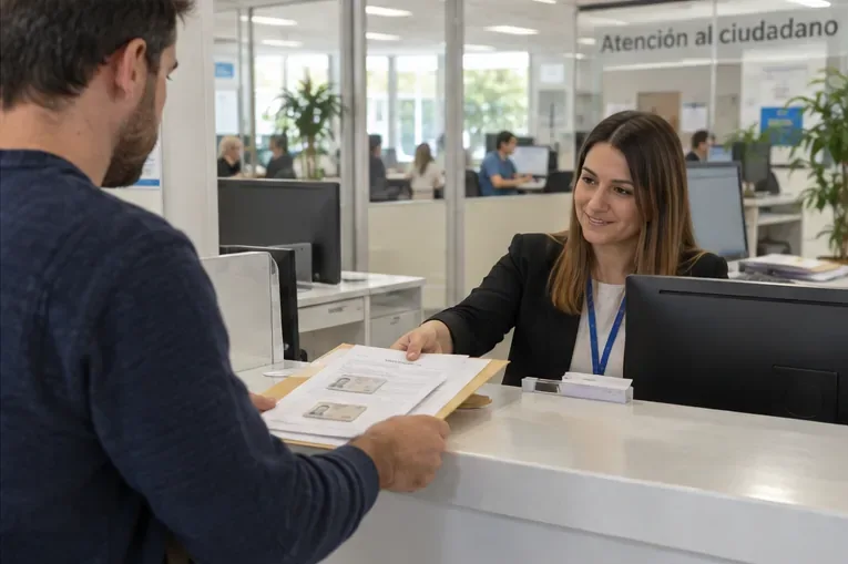 Ciudadano entregando documentos de empadronamiento en un mostrador de atención al ciudadano
