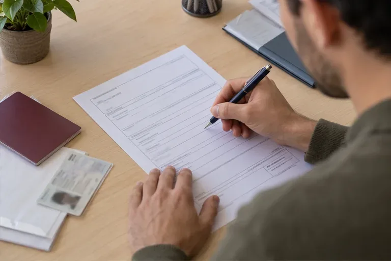 Una persona cumplimenta una hoja padronal en papel junto a su documento de identidad y un pasaporte.
